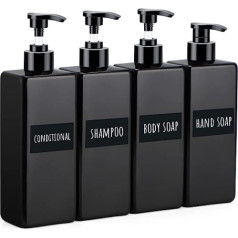 Segbeauty Black Soap Dispenser, 500 ml, Set of 4 Plastic Pump Bottles for Filling, Includes Bathroom Waterproof Labels, Empty Dispenser for Shampoo, Lotion, Conditioner, Body Soap, Hand Soap