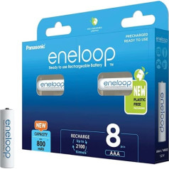 Panasonic eneloop, lietošanai gatavs Ni-MH akumulators, AAA/mikro, 8 iepakojumi, uzlabota ietilpība: vismaz 800 mAh, 2100 uzlādes cikls, augsta veiktspēja un zema pēc tam, BK-4MCDE/8BE, zils, 8 iepakojumā