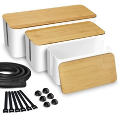 Lannvan Kabelbox - 3er Set Kabelbox Weiß aus ABS-Kunststoff mit Bambusdeckel - Kabelbox Schreibtisch Inkl. Zubehör zum Kabel Verstecken — Kabelmanagement Organizer Box Groß & Medium & Klein