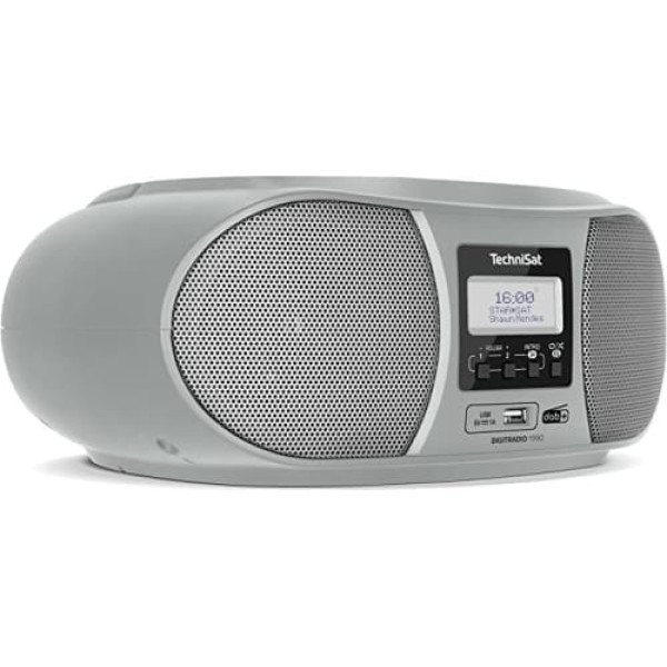 TechniSat Digitradio 1990 Stereo Boombox ar DAB+/FM radio un CD atskaņotāju (Bluetooth audio straumēšana, austiņu ligzda, USB, AUX ieeja, uzlādes funkcija, pulkstenis, 2 x 1,5 vatu izejas jauda) Sudrabs.