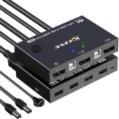 KVM DP slēdzis 2 in 1 Out, DisplayPort KVM slēdzis, atbalsta 4k@60Hz vadību 2 datori tastatūras, peles un monitora koplietošanai