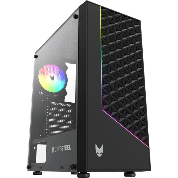 Oversteel Iridium spēļu datora korpuss, kas ir savietojams ar ATX, Micro ATX un ITX platēm, 120 mm A RGB ventilators iekļauts, tīkla priekšpuse, 2 putekļu filtri, rūdīts sānu stikls, USB 3.0, krāsa melna