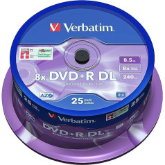 Verbatim DVD+R divslāņu matēts sudrabs, 8,5 GB, iepakojumā 25 vārpstiņas, rakstāmas DVD sagataves, 8x degšanas ātrums un skrāpējumu aizsargs, sagataves DVD-R, DVD tukšs