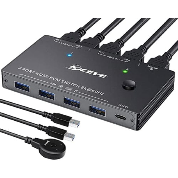 USB 3.0 KVM slēdzis HDMI 2 ports 8K @ 60 Hz 4K @ 120 Hz Simulācija EDID HDCP 2.3 HDMI 2.1 KVM Switch 2 PC 1 Monitor, HDMI un USB Switch Share 4 USB 3.0 ierīces Tastatūras pele ar kabeli un vadu tālvadības pulti