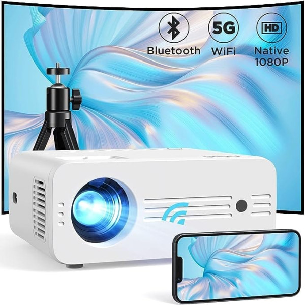 Projektors, Full HD 1080P 2,4/5G Hz WiFi Bluetooth projektors 200 ANSI, liels displejs 75% tālummaiņas LED mājas kinozāļu video projektors ar statīvu, 90 000 stundu kalpošanas laiks, saderīgs ar Fire Stick, viedtālrunis, PS5