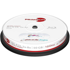 PRIMEON BD-R DL 50GB/2-8x Cakebox (10 diski), 2761317 ((10 diski) foto-uz diska īpaši spīdīga virsma, ūdensizturīgs tintes strūklas printeris, pilnizmēra drukājams)