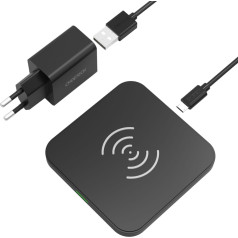 Qi 10 W bezvadu lādētājs austiņu tālrunim un QC3.0 sienas lādētājs + USB — microUSB kabelis 1,2 m melns