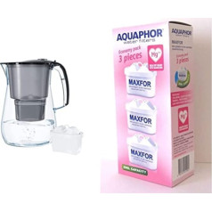 AQUAPHOR B218 ūdens filtrs Onyx Black ar 1 MAXFOR+ filtra kasetni — Premium Glass Look ūdens filtrs 4,2 l & MAXFOR (B25) Mg Pack 3 filtra kasetne, balta, 200 l