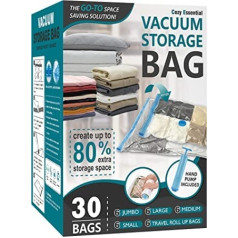 Cozy Essential Pack of 30 Vacuum Storage Bags, Space-Saving Bags (6 Jumbo/6 Large/6 Medium/6 Small/6 Rolls), Vacuum Storage Bags for Comforters and Blankets, Vacuum Bags for Clothes, Hand Pump Included