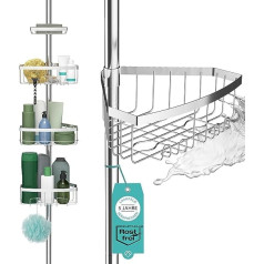 Laakfeld Telescopic Shower Shelf Stainless Steel (Optimised Version 2.0) - Sturdy and Flexible 105-270 cm Telescopic Shower Shelf No Drilling - Telescopic Bathroom Shelf with 4 Baskets - Clamping Shelf Shower and Bath