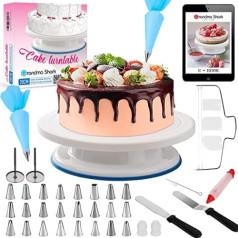 GRANDMA SHARK 11 Inch Rotating Cake Plate with 24 Piping Tips, 2 Flower Nails, Cake Cutter and Various Cake Decoration Kits