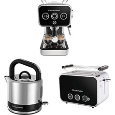 Russell Hobbs Breakfast sērija: espresso automāts (portafiltra aparāts 15 bāri) + tējkanna (1,5 l, ātrās vārīšanas funkcija) + tosteris (2 šķēlītēm, īpaši platas grauzdiņa slotas) [Distinction sērija]