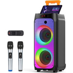 JYX Karaoke System with 2 Wireless Microphones, Large Karaoke Speaker Bluetooth with Wheels and Disco Lights, Subwoofer PA System, Party Karaoke Machine Support TWS/USB/SD Card/AUX/Rec