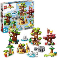 LEGO 10975 DUPLO Pasaules savvaļas zoodārza rotaļlieta ar skaņu, ar 22 dzīvnieku figūrām un akmeņiem, izglītojoša rotaļlieta ar pasaules kartes rotaļu paklājiņu zēniem un meitenēm no 2 gadiem