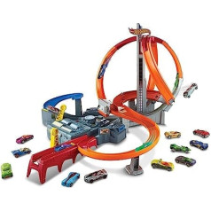 Hot Wheels CDL45 Action Mega Crash Superbahn sliežu ceļu komplektā ar cilpu un līkumiem iekļauti 2 starteri un 1 rotaļu automašīna, no 6 gadiem