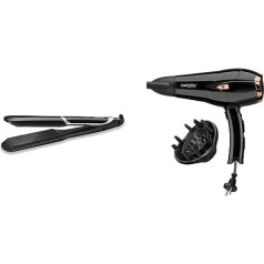 BaByliss Sleek Control plato matu taisnotājs ar jonu tehnoloģiju un īpaši garām un platām plāksnēm, ST397E & Cordkeeper 2000 jonu matu žāvētājs D373E, unikāla kabeļa padeves funkcija, 2000 vatu melns