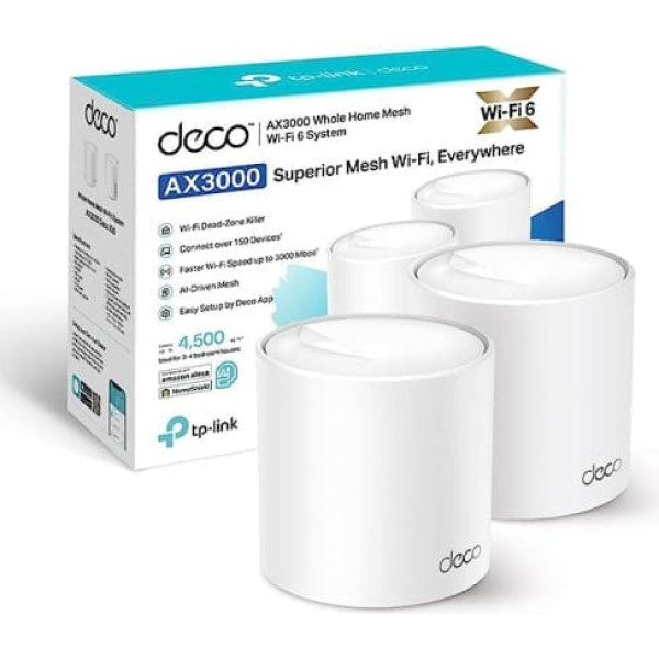 TP-Link Deco X50 Wi-Fi 6 tīklu WLAN komplekts (2 pack), AX3000 divjoslu maršrutētājs un atkārtotājs (diapazons līdz 418 m², WPA3, ideāli piemērots lielām mājām, savietojams ar Amazon Alexa, 6 gigabitu porti) Balts