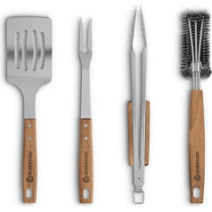 Barbecue Accessory Set in Acacia Wood and Stainless Steel with Extra Long Wooden Handles and Eyelets - Includes Free Recipe PDF (English Not Guaranteed)