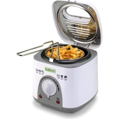 Augosma Mini Fryer ar eļļu | 850-950W | Tilpums: 1 litrs | Skata logs | Cepšanas grozs izgatavots no nerūsējošā tērauda | Regulējama temperatūra | Siltumizolēts | Neslīdošs gumijas paliktnis | Balts