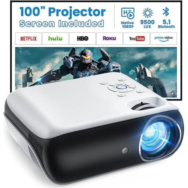 Vietējais 1080P projektors, Bluetooth 5.1 portatīvais mājas kinozāles multivides projektors 9500L ar 100 collu ekrānu, saderīgs ar HDMI USB AV, viedtālruņi, klēpjdatori, TV Stick, PS5