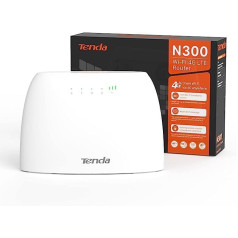 Tenda 4G03 4G LTE WLAN maršrutētājs SIM kartēm (CAT4, lejupielādes ātrums 150 Mbps, 300 Mbps 2,4 GHz), 2 Ethernet porti, Plug & Play, lietotne, satiksmes datu pārraudzība, IPv6, viesu tīkls, balts