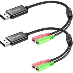 DuKabel 2 Pack ārējās USB skaņas kartes adapteris datoram, klēpjdatoram un PS4, USB līdz 2 x 3,5 mm Jack Aux audio pārveidotāja kabelis 25 cm austiņām, skaļruņiem un 3 polu TRS mikrofonam — melns