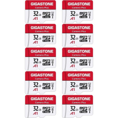 Gigastone Camera Plus 32GB MicroSDHC Memory Card Pack of 10 + SD Adapter for Action Camera and Drone, Read Speed up to 90MB/s, Full HD Video Recording, A1 U1 Class 10 Micro SD Card UHS-I