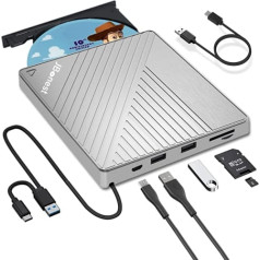 Ārējais CD DVD diskdzinis USB 3.0 Type C, CD DVD diskdzinis ārējais ar SD/TF karšu lasītāju Portatīvs CD DVD RW rakstītājs, ātra datu pārsūtīšana klēpjdatoram, galddatoram, MacBook, Win11/10/8/7/XP, Linux, Mac OS, Vista