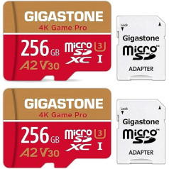 [5 gadu bezmaksas datu atkopšana] Gigastone 4K Game Pro 256 GB MicroSDXC atmiņas karte 2 pakotnēs un SD adapteris, saderīgs ar GoPro slēdzi, ātrums 100 MB/s, A2 U3 V30 micro SD karte