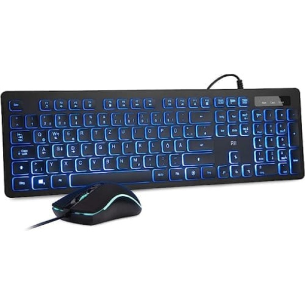 Rii spēļu tastatūras un peles komplekts, tastatūras peles komplekts ar vadu, 3 LED fona apgaismojums QWERTZ (DE izkārtojums), vadu tastatūra ar peli personālajam datoram, dators, klēpjdators, melns