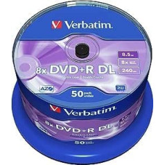 Verbatim DVD+R divslāņu matēts sudrabs, 8,5 GB, iepakojumā 50 vārpstas, rakstāmas DVD sagataves, 8x degšanas ātrums un skrāpējumu aizsargs, sagataves DVD-R, DVD tukšs