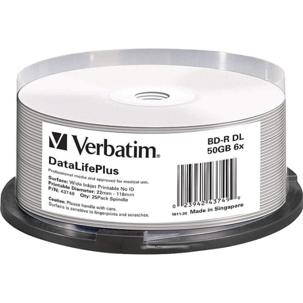 Verbatim 43749 BD-R divslāņu Blu-Ray tukši diski, 50 GB, 6x drukājama 25 disku vārpsta