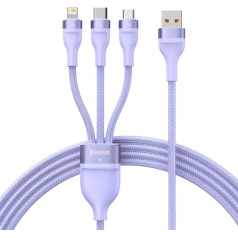 3in1 USB ātrās uzlādes kabelis USB-C mikro-USB iPhone Lightning 1,2 m violets