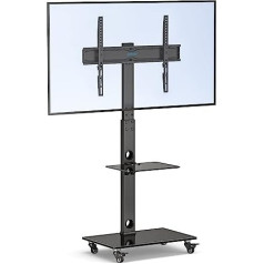 BONTEC TV statīvs ar riteņiem 30-70 collu plazmas/LCD/LED ekrāniem līdz 40 kg, 6 augstuma regulēšanas iespējas ar 2 līmeņu rūdīta stikla plauktiem, MAX VESA 600 x 400 mm