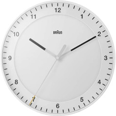 Braun Classic lielais analogais sienas pulkstenis, klusa kustība, viegli nolasāma ciparnīca, 30 cm diametrs, balts modelis BC17W.