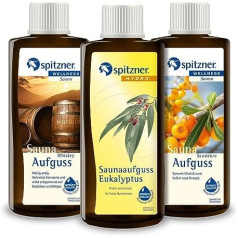 Spitzner saunas infūzijas komplekts dāvanu kastītē Vīriešu vakara eikalipts, viskijs un smiltsērkšķis (3 x 190 ml)