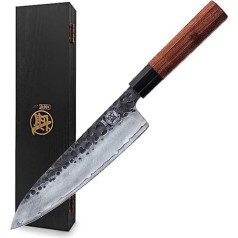 MITSUMOTO SAKARI 22 cm Gyuto japāņu nazis, ar rokām kalts virtuves nazis, profesionāls gaļas nazis, šefpavāra nazis no augsta oglekļa tērauda, profesionāls nazis (rožkoka rokturis un dāvanu kastīte)