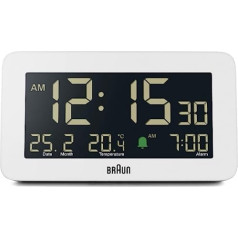 Braun BC10W digitālais modinātājpulkstenis ar datuma, mēneša un temperatūras displeju, negatīvu LCD displeju, ātru iestatīšanu un pazeminošu modinātāja pīkstienu baltā krāsā