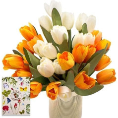 SNAILGARDEN 4 Bouquets Artificial Tulips Flowers, Silk Artificial Flowers Tulips Bouquet with 1 Greeting Card, Art Tulips Decoration for Wedding Home Party Festival Flower Arrangements (Yellow/White)