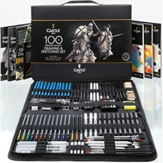 Castle Art Supplies 100 piece zīmēšanas skicēšanas komplekts | Grafīta kokogles pasteļkrāsas metāliskas ūdenī šķīstošās pildspalvas ar nūjiņu smalkumu | Profesionāliem māksliniekiem | Pieredzējuši mākslinieki | Izturīgs ceļojumu 