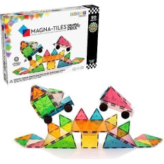 Magna-Tiles 50 gabalu komplekts, Grand Prix magnētiskie celtniecības bloki matētās krāsās un 2 šasijas veicina rotaļīgu mācīšanos 55984 Daudzkrāsains