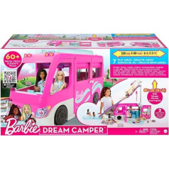 Barbie HCD46 — sapņu kempera transportlīdzekļa rotaļu komplekts (apmēram 75 cm), ar ripošiem riteņiem, 7 rotaļu laukumiem, baseinu, slidkalniņu un 60+ kempinga piederumiem, dāvana bērniem no 3 gadu vecuma