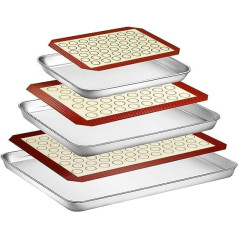 Wildone Baking Tray with Silicone Mat Set, Set of 6 (3 Trays + 3 Mats), Stainless Steel Baking Tray with Silicone Mat, Non-Toxic, Durable, Easy to Clean