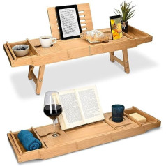 Navaris Bamboo Bathtub Shelf, Breakfast Tray, Extendable, Book Shelf, Wine Glass Holder, Tray for Bathtub and Bed, Made of Wood in White