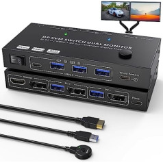 DP KVM Switch Dual Monitor 8K@30Hz, HDMI un DP monitora izvades KVM Switcher 2 PC Share 2 Monitors un 4 USB 3.0 porti, HDMI DP DisplayPort Switch atbalsts Paplašināt un spoguļot 2 displeja režīmus