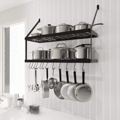 KES KUR218S75B-BK Double Pan Holder Kitchen Utensil Holder Hanging Shelf Pan Wall Shelf Pan Hanger 75 cm Wall Mounted Matt Black