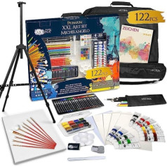 Artina 122 Pieces XXL Mega Painting Set Molbertu komplekts - Pilns gleznošanas komplekts Akrila zīmēšanas komplekts Krāsainie zīmuļi Krāsu komplekts Audekla otu komplekts pieaugušajiem un bērniem