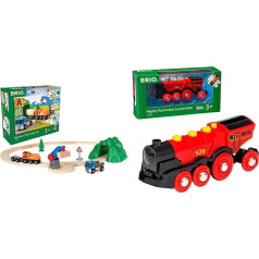BRIO World 33878 - Starter Set Freight Train with Crane - The Ideal Entry Wooden Train & World Mighty Red Action Locomotive Battery Operated Train