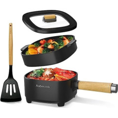 Audecook Electric Hot Pot with Steamer, 2L/20 cm, Non-Stick Electric Pan with Ceramic Glaze, Portable Multi Cooker for Ramen, Steak, Egg, Oatmeal, Soup, 350W/800W (Black with Steamer)