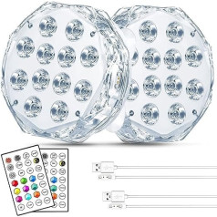 Idealife 20-LED Pool Lighting Underwater Light, Magnetic, Rechargeable, Fully Waterproof Pond Lighting with Paired RF Remote Control, Q-Pad, Large Magnetic Suction Cups for Spa, Whirlpool, Pack of 2